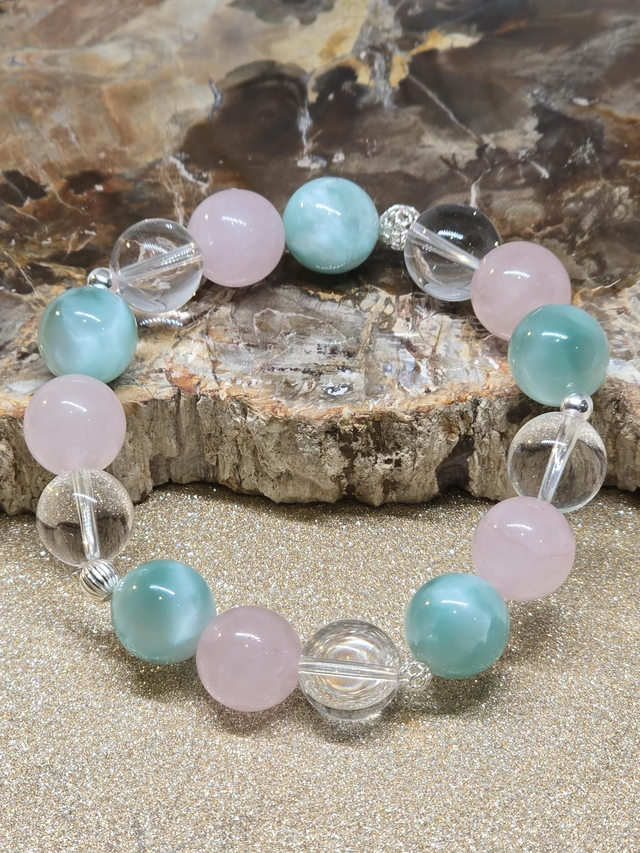 Bracelet Garniérite, Quartz rose, Cristal de roche XL en 1,2 cm 