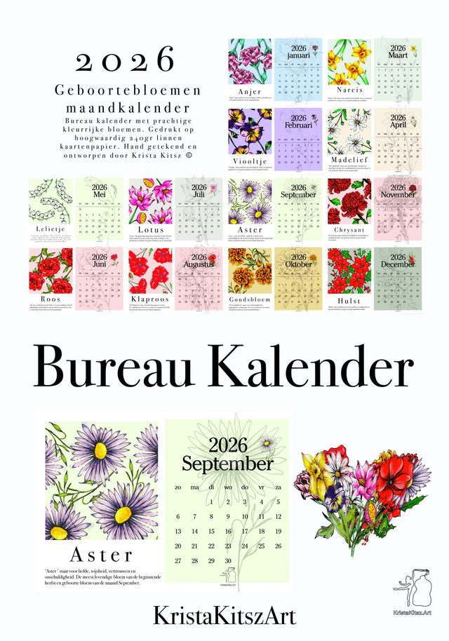 Bloemen maandkalender 2026 in kleur | bureau kalender | geboortebloemen | hahdgetekend