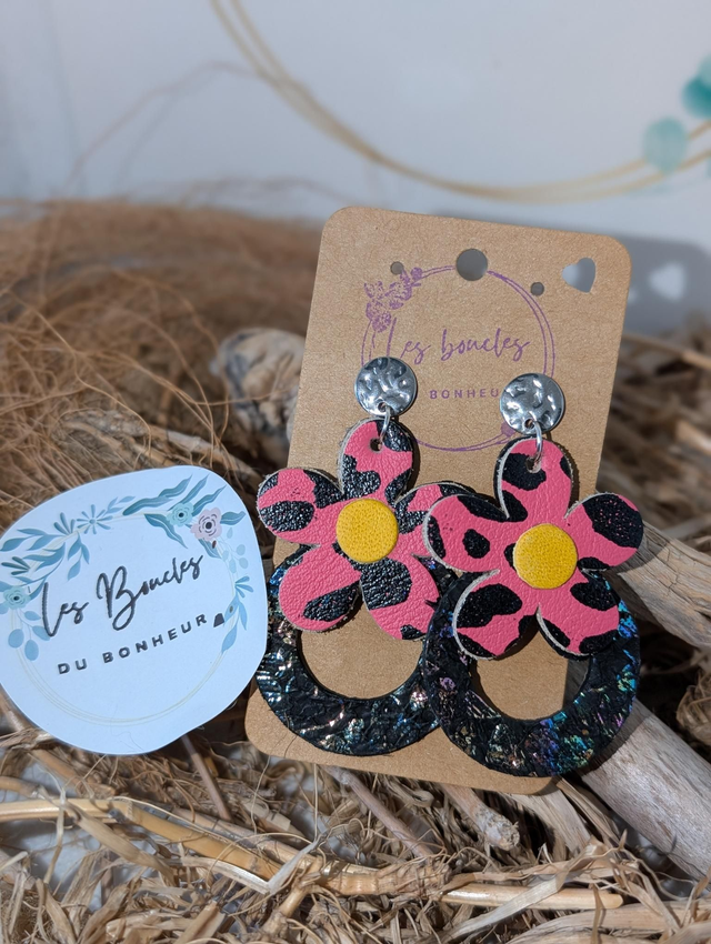 Boucles d&#039;oreilles baby Marguerite léopard rose bm020