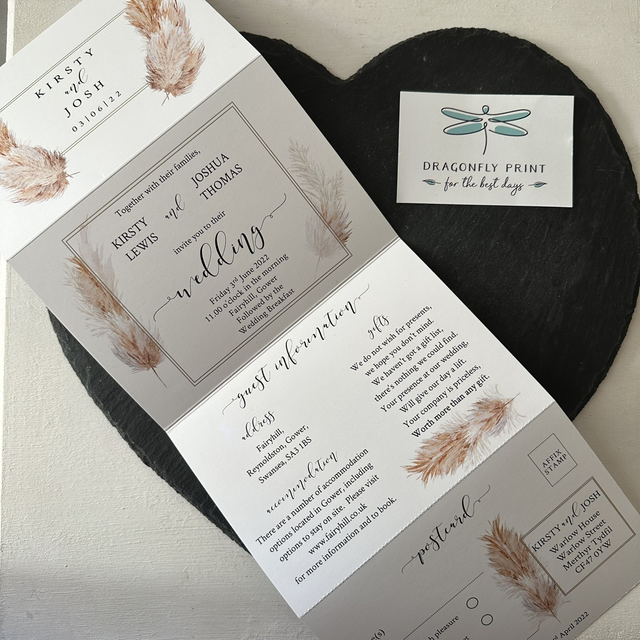 Pampas grass - concertina wedding invitations - including guest information &amp; tear off RSVP postcard