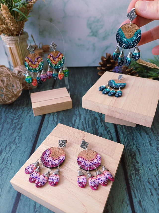 &quot;Équinoxe&quot; Attrape-rêve d&#039;été argenté -  Boucles d&#039;oreilles liège et graines de courges 