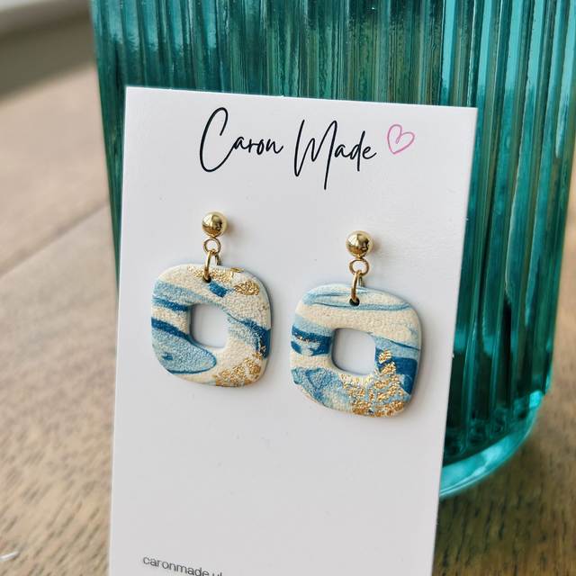 Blue and gold marbled rounded square earrings