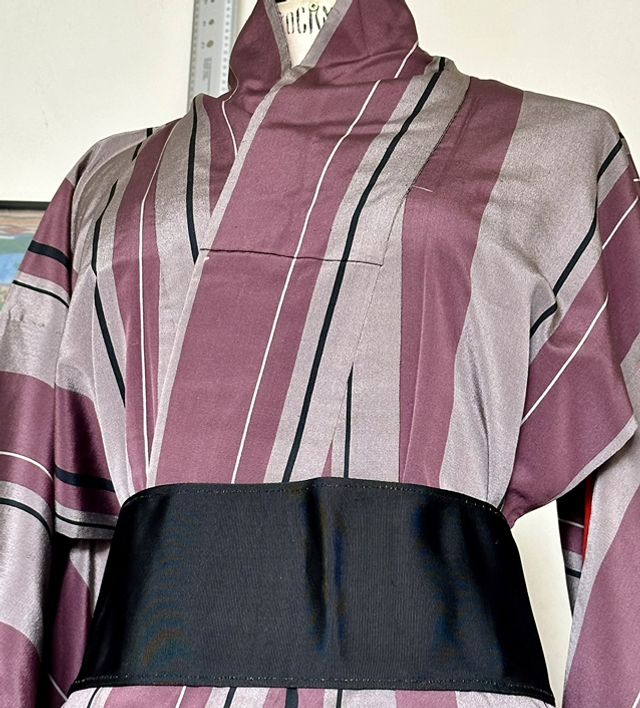 Kimono soie rayures beige, rose, noir