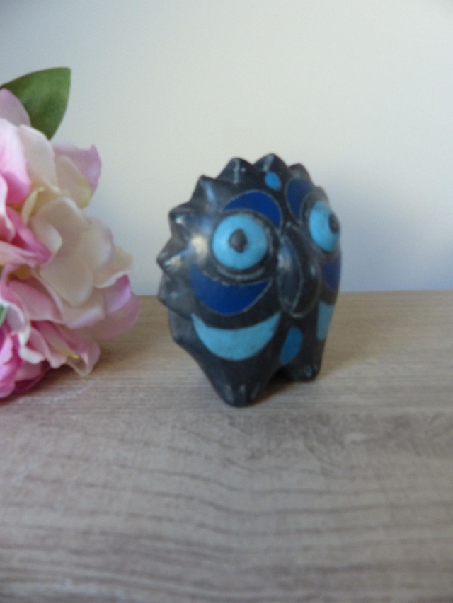 Figurine Chouette Mexicaine Vintage – Poterie en Argile Bleue et Noire, Sculpture Rare des Années 70