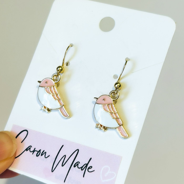 Bird charm earrings pink and white
