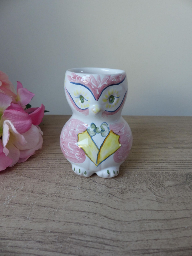 Petit vase monsieur hibou en poterie Ateliers A. Baratta à Moustiers France, Vase miniature hibou oiseau peint main, collection hibou cadeau