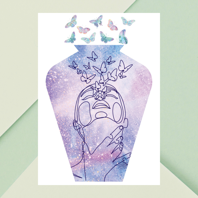  Vase en dessin linéaire avec femme soufflant des papillons /  Line Art Vase with Woman Breathing Butterflies