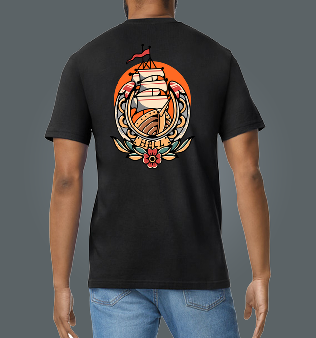 Traditional Tattoo Style Clipper Ship Black Soft Spun Patterned T-Shirt