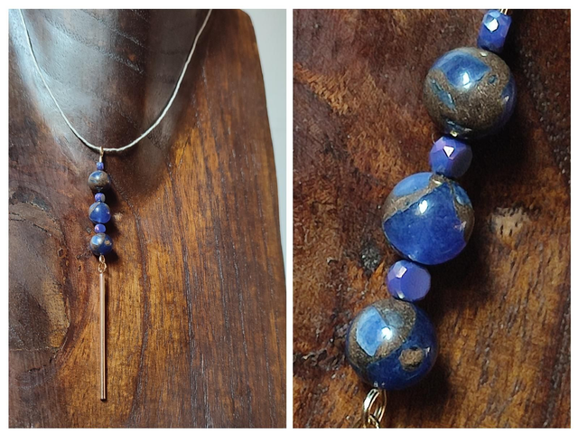 Collier en lapis lazuli (pierre naturelle) reflets de brun et bleu &amp; hématite monté sur fil de lin avec chaîne d&#039;extension dorée 