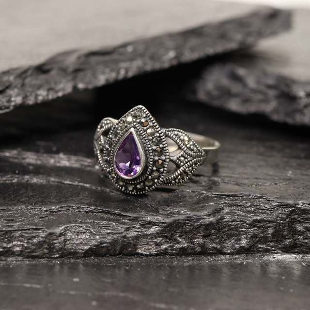 Vintage Sterling Silver 925 Art Deco Style Pear Cut Purple Amethyst With Marcasite Gemstone Design Ring Size N - 6 1/2