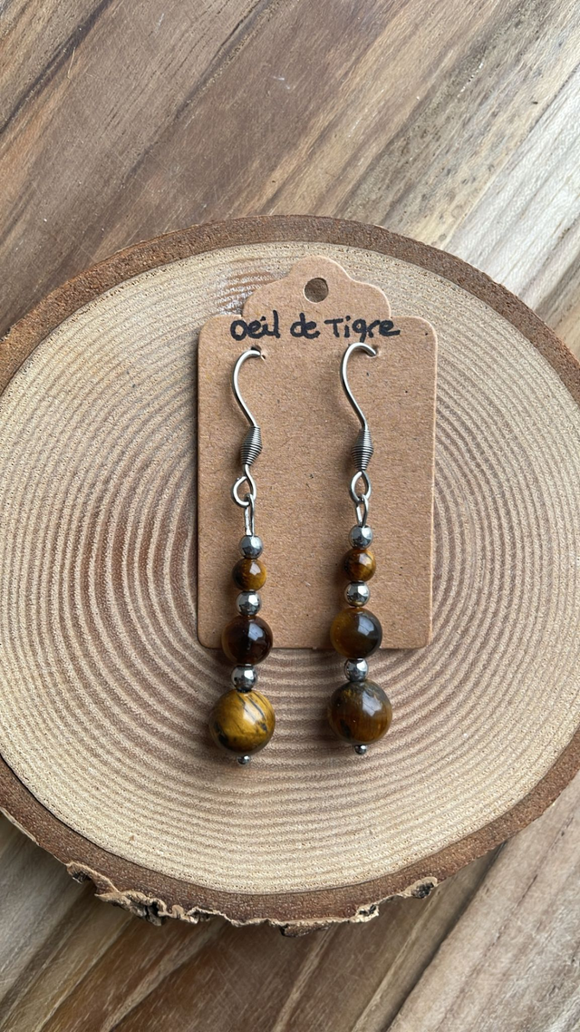 Boucles pendantes OEIL DE TIGRE Acier inoxydable argenté