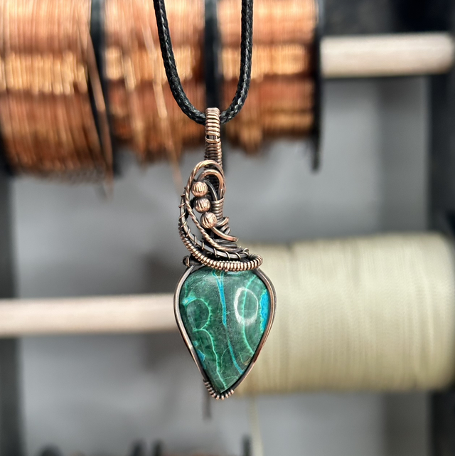 Malachite &Chrysocolla pure copper wrapped pendant 