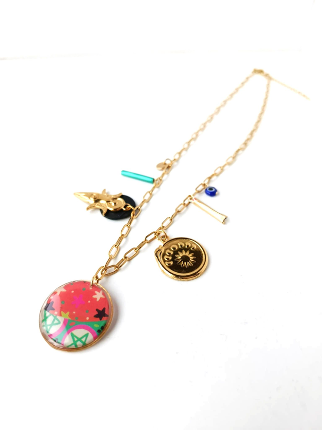 Collier à Breloques Upcyclé Carte de Tarot, Chambre à Air & Aluminium Recyclés - Pentagramme