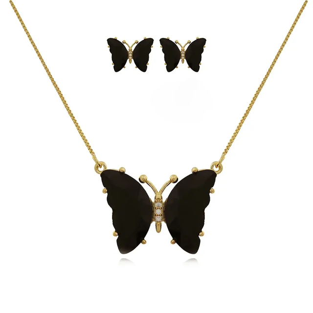 Conjunto Borboleta em Pedras Preto - Ouro