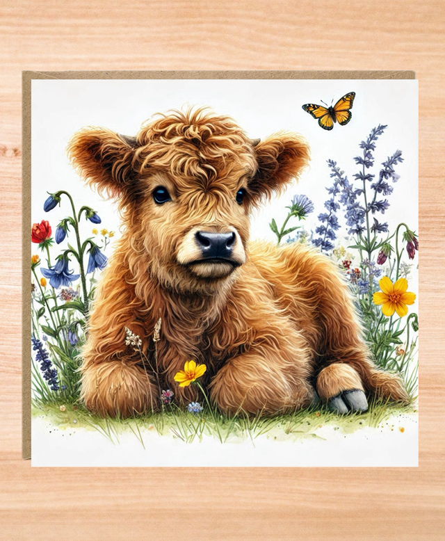 Blank Greeting Card - Highland Cow Floral