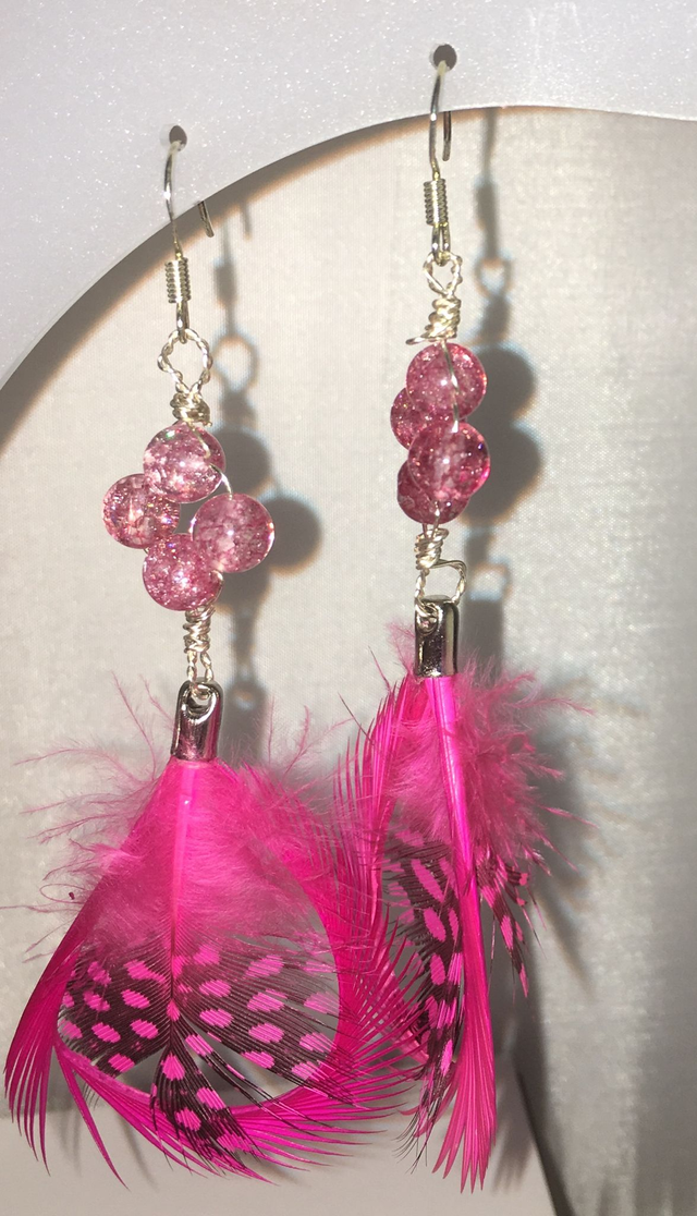 Pink feather earrings with Sterling silver findings