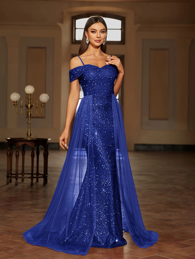 Women Off-Shoulder Sequin Mesh Maxi Dress