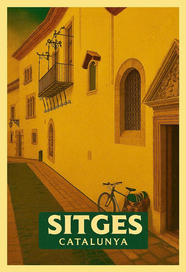 Póster vintage de Sitges, Catalunya: Bicicleta en una calle del casco antiguo histórico.