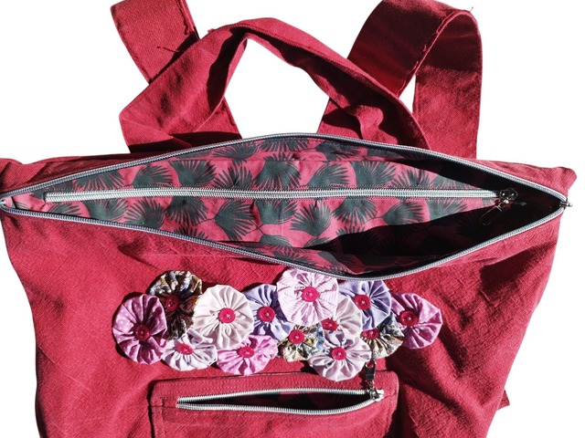 Sac à dos toile en coton fushia avec Fuxicos du Brésil