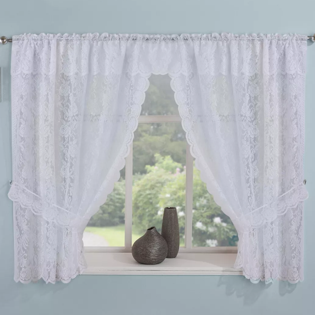 Kew Traditional Floral Lace Curtains Window Set with Valance and Tie Backs in White