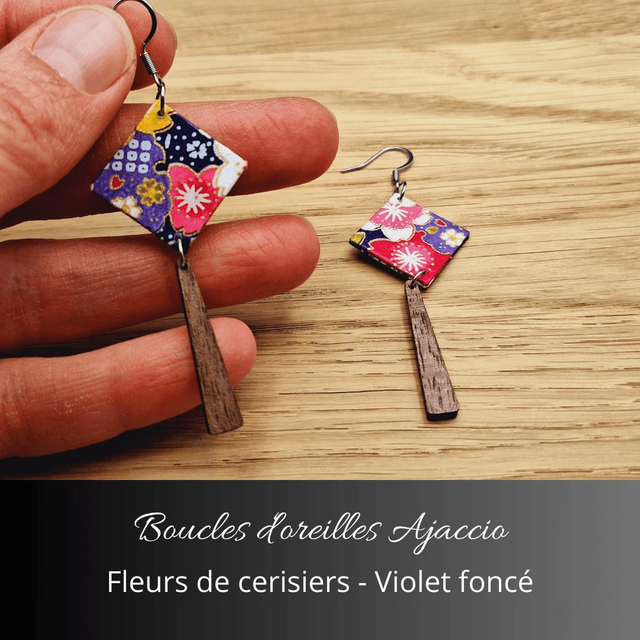 Boucles d'oreilles Ajaccio - Violet foncé et fleurs de cerisiers