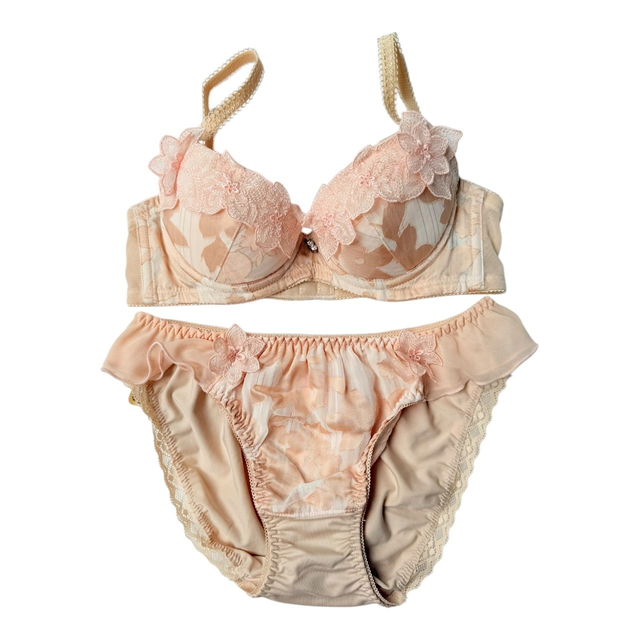 Tan + pink floral appliqué Japanese Bra + Underwear Set UK 30A 