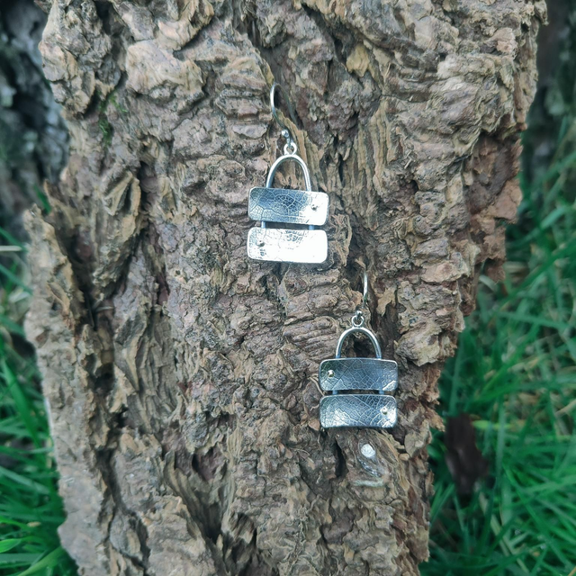 Boucles d&#039;Oreilles Double Feuilles d&#039;Argent avec Graines d&#039;Or 18 Carats 