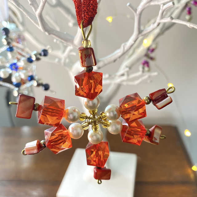UPCYCLED Snowflake Star Christmas Decoration Red, Cream and Gold tone vintage beads