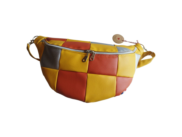 Sac banane en patchwork de simili cuir tricolore orange jaune et argent