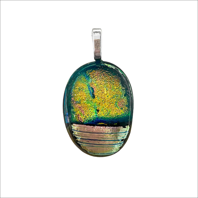 Pendant oval in shape with mixed tones of gold, green, pink and silver dichroic glass (Ref P28)