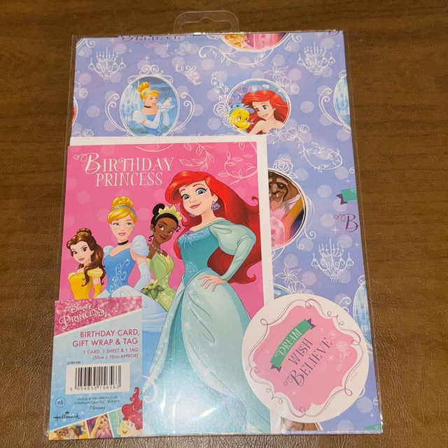 Disney Princess Birthday Card and Wrapping Paper Set 1 Sheet Wrap Card Tag