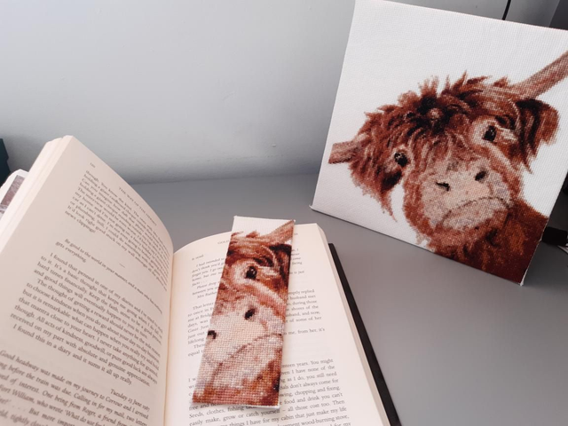 Highland cow 'Tufty' Cross stitch bookmark