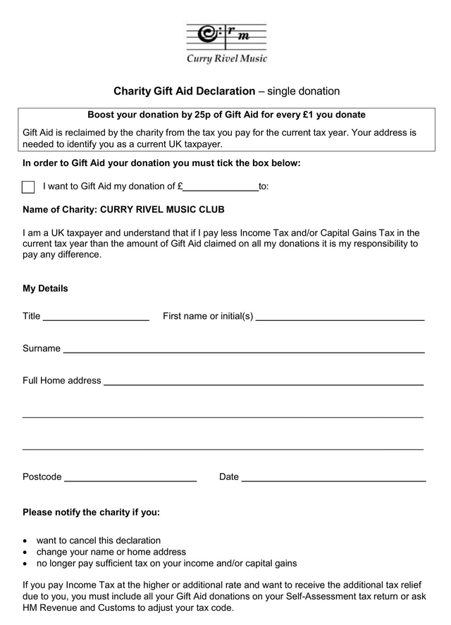 Curry Rivel Music Gift Aid form