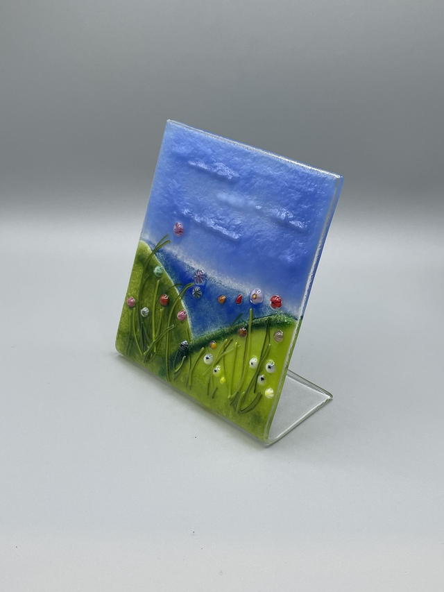 Freestanding fused glass coastal countryside landscape