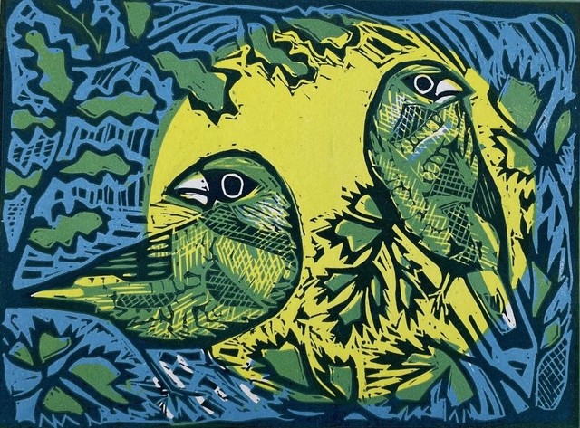 Greenfinches, limited edition linocut print