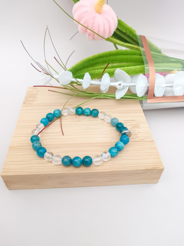 Bracelet Apatite Bleue &amp; Cristal de Roche – Clarté &amp; Expression