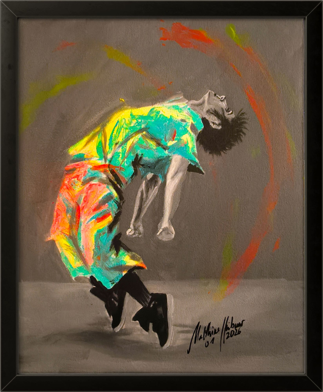 Gemälde "TANZ" - Unikat mit Neonfarben, schwarz gerahmt