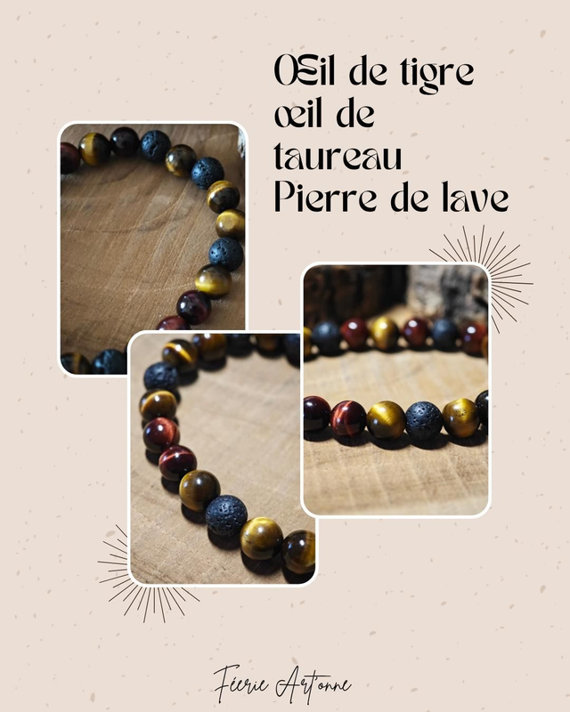 Œil de tigre ~ œil de taureau et pierre de lave. 