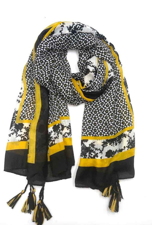 Grand Foulard imprimé noir et jaune 122B- Marque LINETA 