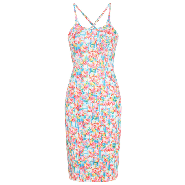 Norma Cross Strap Lace Pencil Dress in Pink Abstract Print