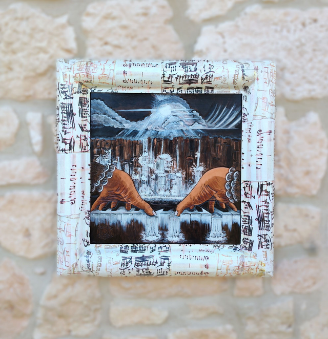 Tableau en cuir repoussé, le piano cascade