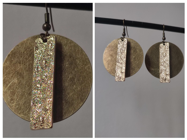 Boucles d'oreilles rond bronze et rectangle doré -sans nickel- pièce unique 