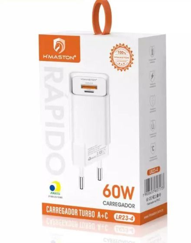 Carregador Turbo USB-C 60W com 2 Saída USB e Tipo C Compatível com iPhone Android Branco - H&#039;MASTON LR23-4