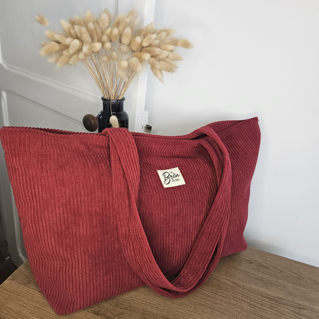 Sac cabas en velours côtelé framboise