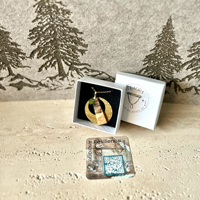 Collier Olivier, Verre Marin &amp; Acier Doré 