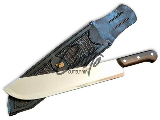 Facão Elmo Aço Inox Cabo Madeira Nobre 14 Pol Com Bainha