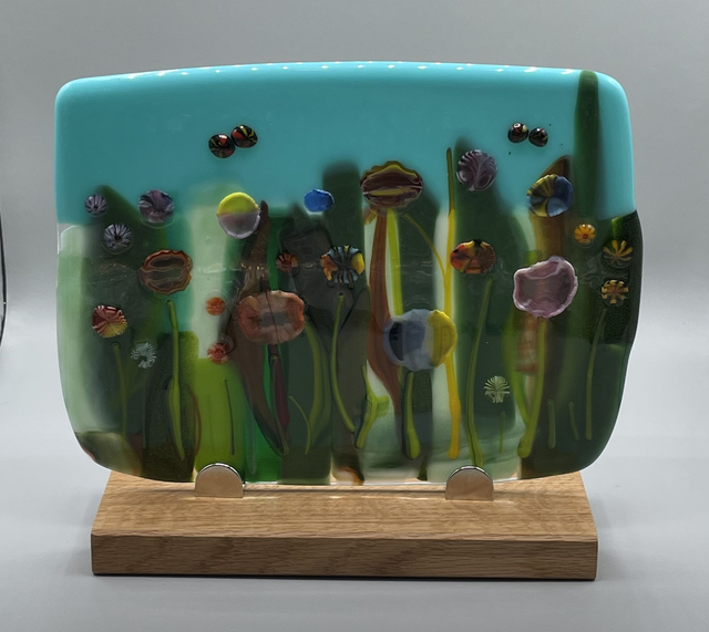 Large Pressed glass floral meadow plaque with stand