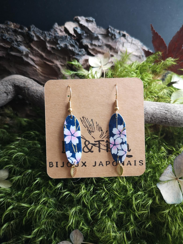 Boucles d'oreilles - crochets - papier washi - Sakura - feuilles - La&Titia 