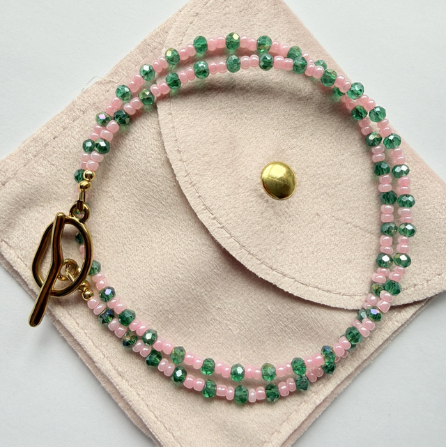 ESMERALDA - Pink & Emerald Green Beaded Toggle Necklace