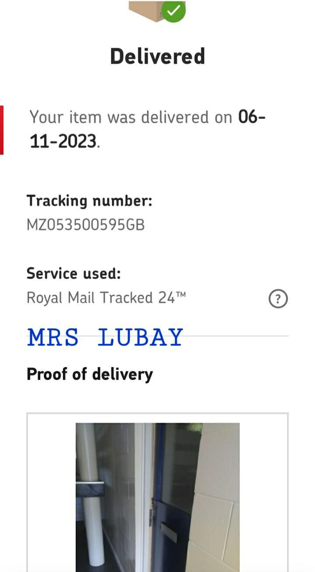 Proof of Delivery: Mrs Lubay J. ( England November 2023)